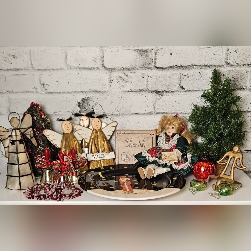 Vintage Christmas Decor Lot Angels Doll Bells Ornaments Holiday Collection